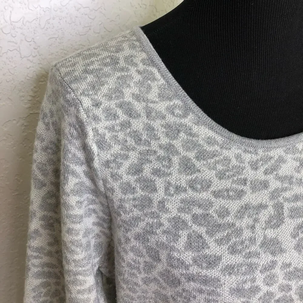 Karl Lagerfeld silver gray white metallic leopard sweater midi dress size XL
